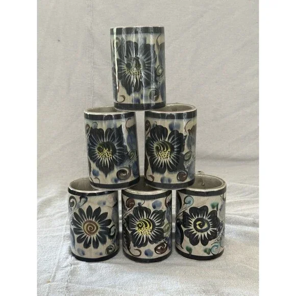 Mexican Tonala Signed Art Pottery Stoneware Coffee Mugs Floral Set of 6