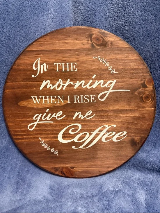 Round Wooden Coffee Wall Sign - Brown & White