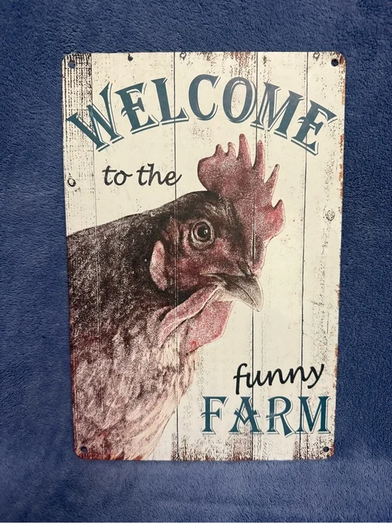 Funny Farm Chicken Wall Sign - Cream & Red Rustic Décor 8x12
