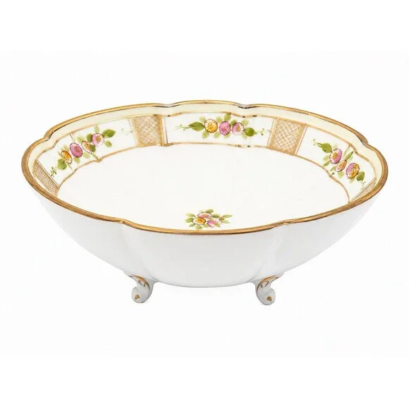 Vintage Hand Painted Nippon Footed Bowl Floral Gold Lattice Raised Relief 7