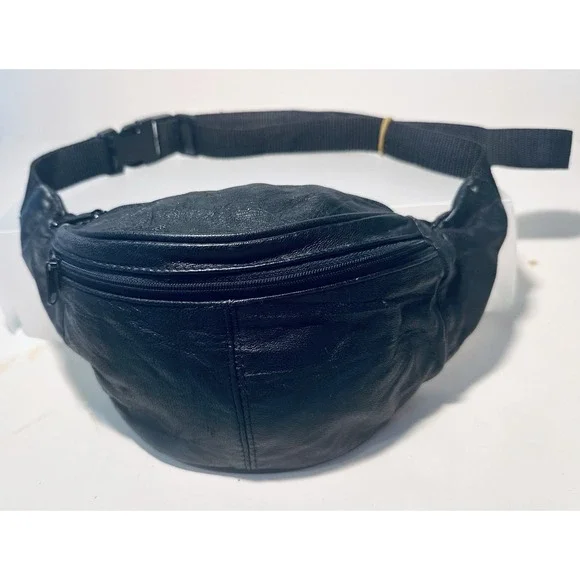 Vintage Black Leather Fanny Pack 80-90s Waist Bum Belly Bag 3 Pockets Adjustable