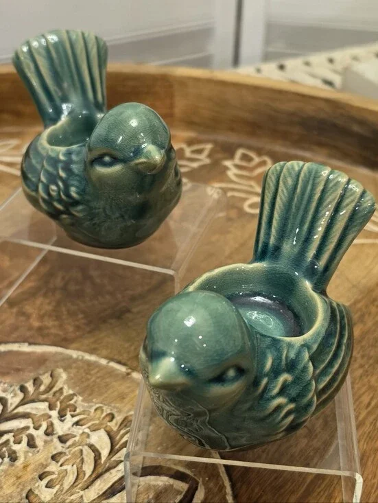 Vintage Turquoise Ceramic Bird Candle Holders Planters Pair