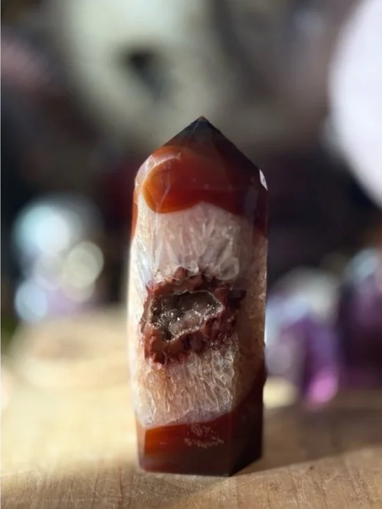 Polished Carnelian Agate Point with Druzy Window