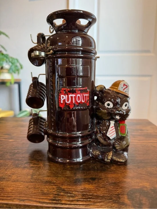 Vintage 1950s Ceramic Fire Extinguisher Decanter Set with Shot Glasses