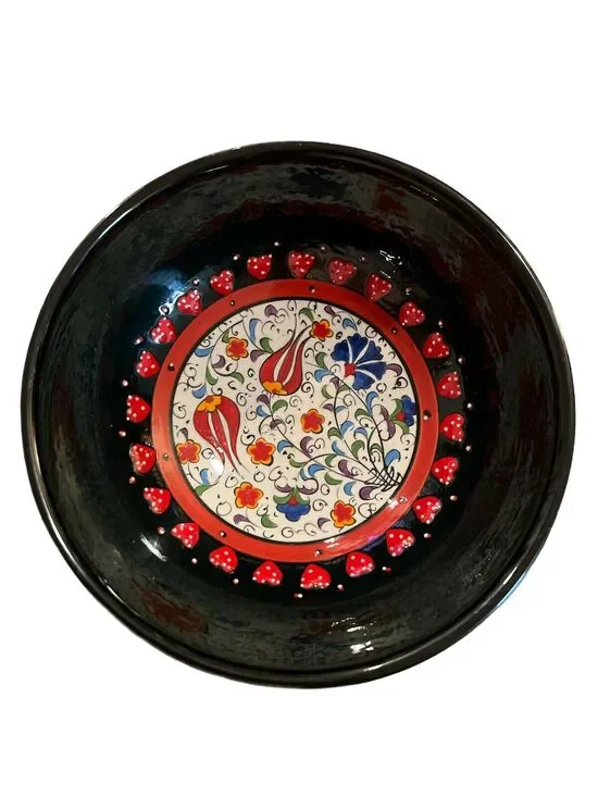 Handmade Painted Ceramic Turkish Bowl Glazed Flowers Colorful Raised Hearts