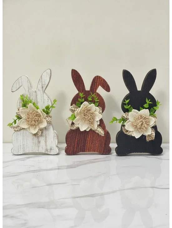 Set of 3 Rustic Wooden Bunny Decorations with Burlap Flowers and Greenery - Farm