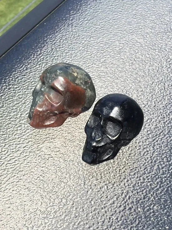 Hand-Carved Skull Pair - Bloodstone and Black Obsidian