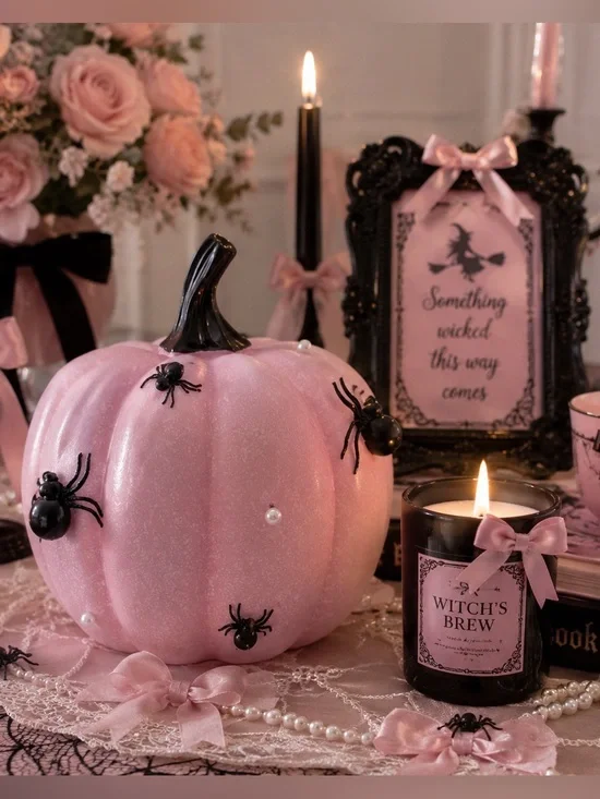 Pink Halloween Pumpkin Decor Black Spiders Faux Pearls 9.5” Tabletop