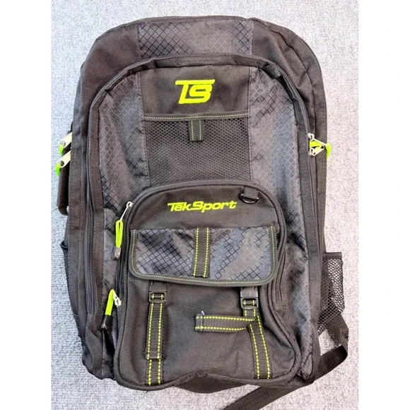 TekSport Backpack Black Neon Green Multi-Pocket Travel School Bag Utility Hiking