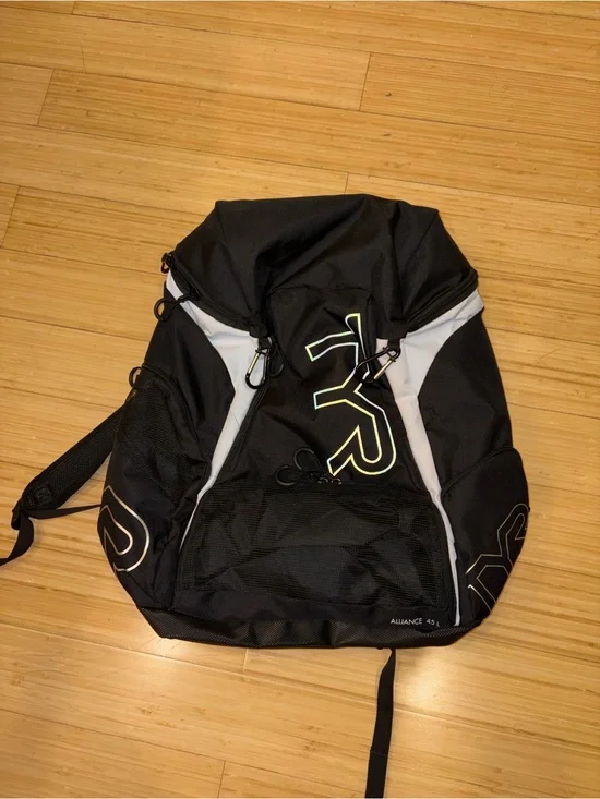 TYR Black and White Sports Backpack with Reflective Logo