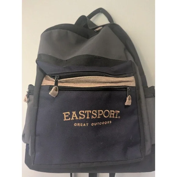 Vintage Eastport Backpack Forrest Green Nylon‎ Tan Suede Trim Zip 5 Pockets