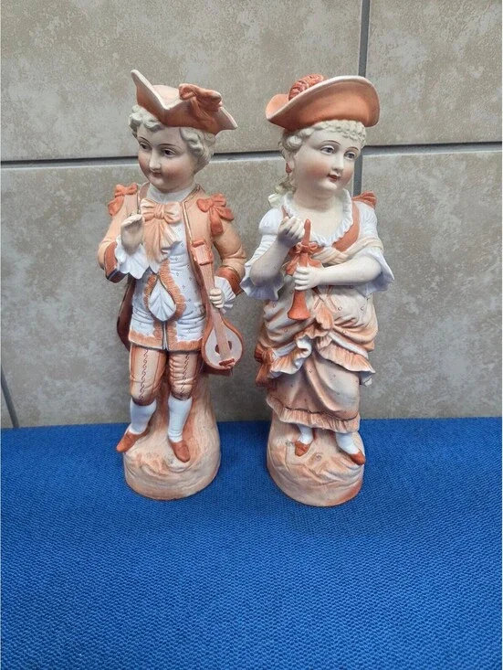 Vintage Victorian Couple Bisque Porcelain Figurines Pair Man Woman Music Rococo