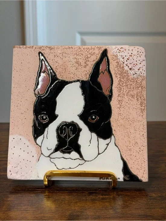 Vintage pumpkin, Inc Boston terrier, hand-painted tile