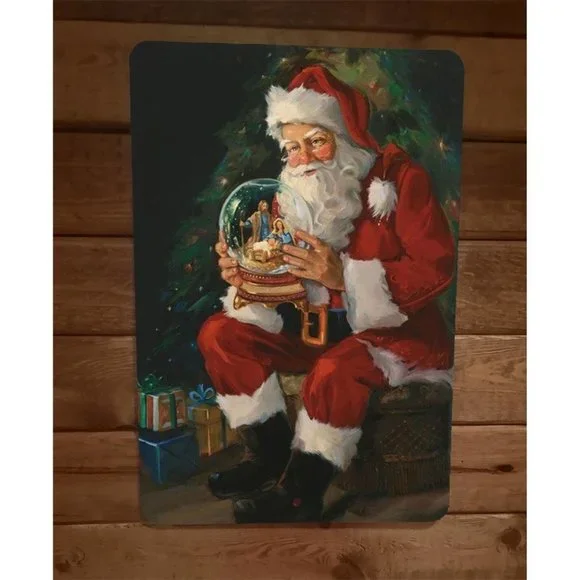 Merry Xmas Christmas Santa with Globe 8x12‎ Metal Wall Sign Poster