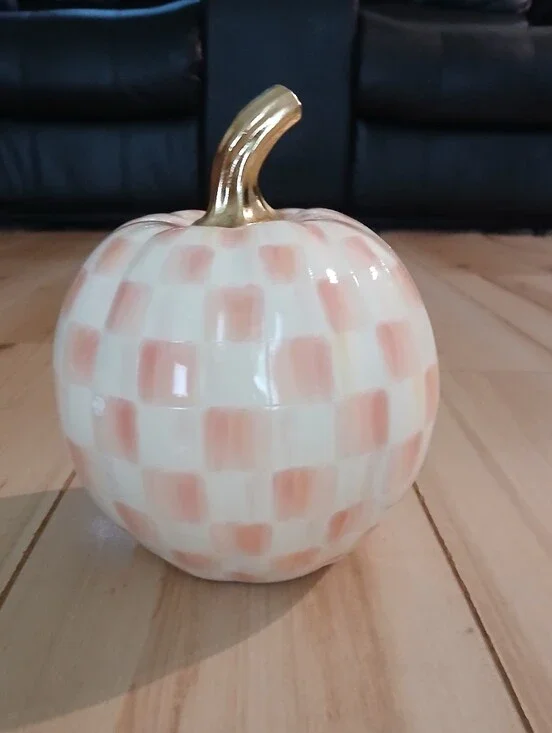 NIB MacKenzie-Childs Resin Rosy Check Pumpkin With Gold Stem Adorable Decor