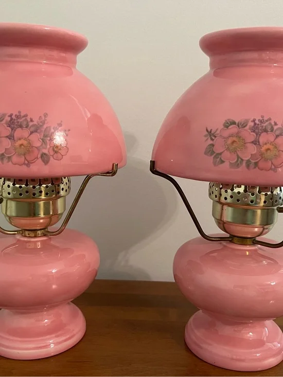 Vintage Pink Ceramic GWTW type 3-way Lamp with Floral Details-Electric-Pair