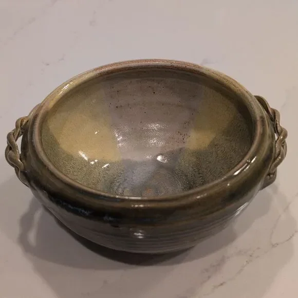 Handmade Ribbed Pottery Bowl with Braided Handles Artist Signed
