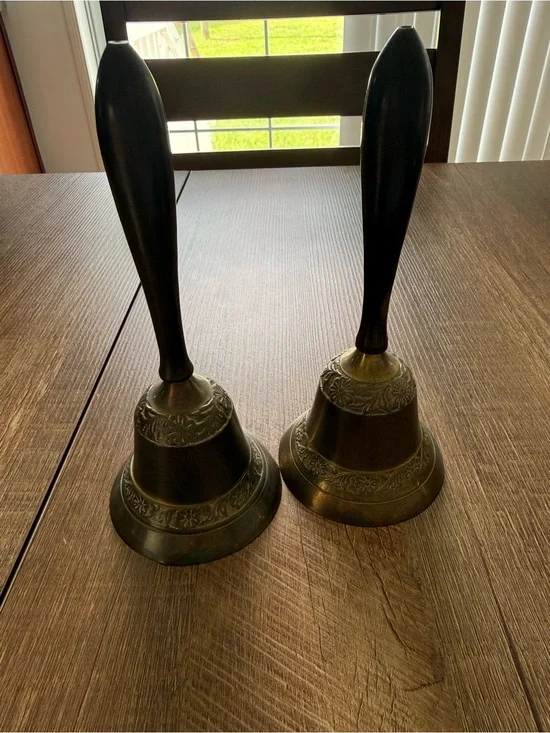 Antique-Style Brass Hand Bells — Pair in Dark Brass Finish