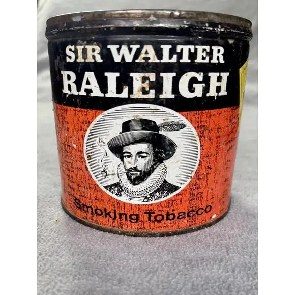 vintage sir walter raleigh tobacco tin orange black pipe‎ can mid century decor
