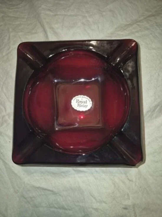 Vintage Anchor Hocking Royal Ruby Square Ashtray Glass 1950s With Sticker