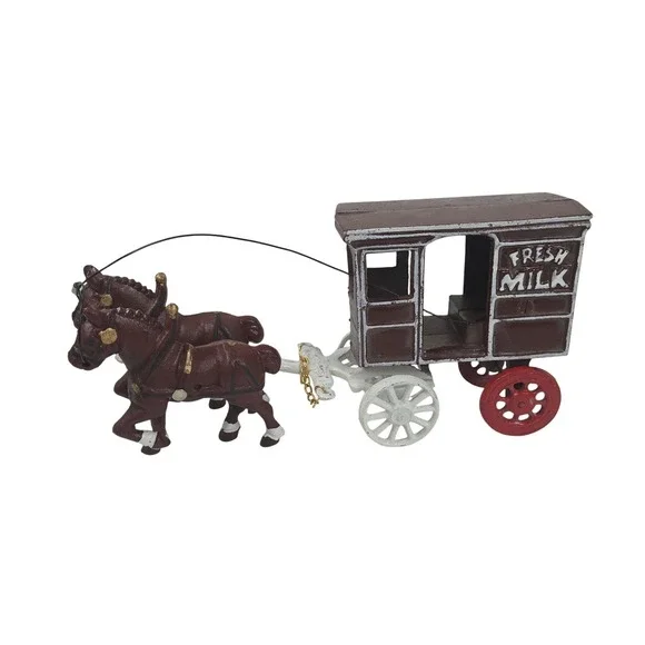 Cast Iron Horse Drawn Fresh Milk Delivery Wagon Brown Farmhouse Cottage Decor