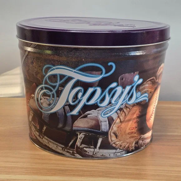Topsys‎ Vtg Sports Collectible Popcorn Tin Purple Lid Football Skates Baseball