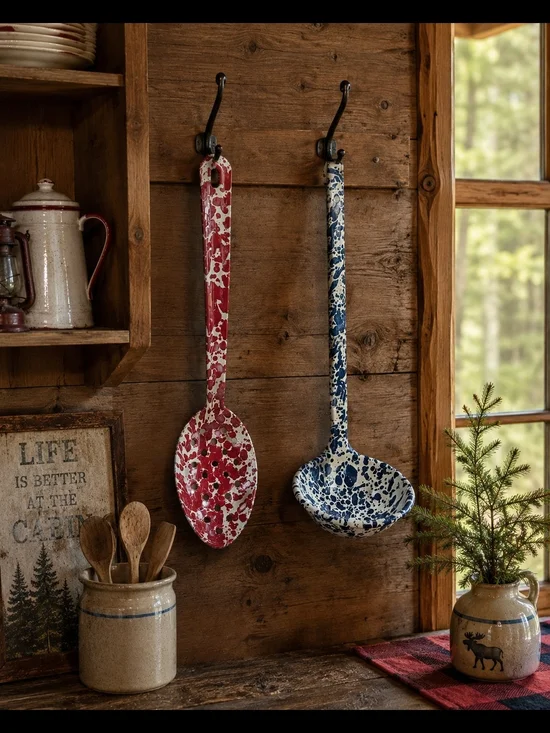 Red and Blue Speckled Enamel Serving Spoons - Set of 2
