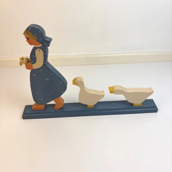 VTG Country‎ Feelings Wooden Folk Art Girl With Geese Primitive Country Decor