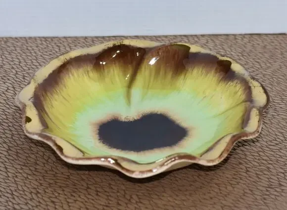 Bay Keramik West German MCM Pansy Flower Yellow Green & Gold Glaze Ceramic Bowl