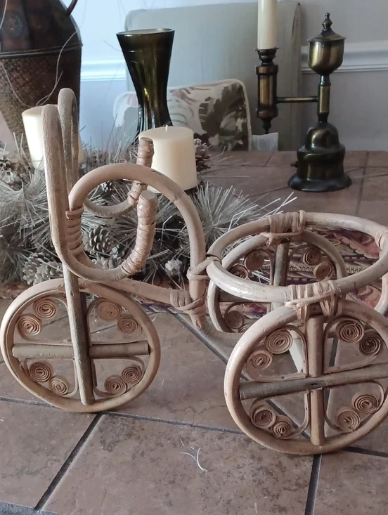 Natural Rattan Tricycle Planter - Rustic Beige Home Accent