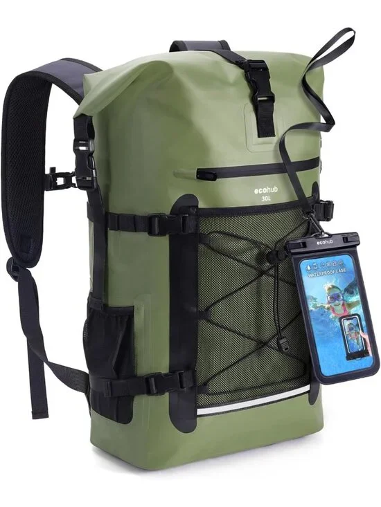 Waterproof Roll-Top Backpack 30L for Travel, Heavy Duty Dry Bag & Phone Case