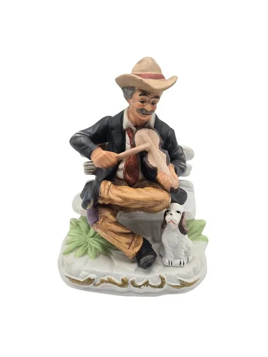 Vintage Fiddle Player Ceramic Figure Playing Violin Puppy Dog Musician Music