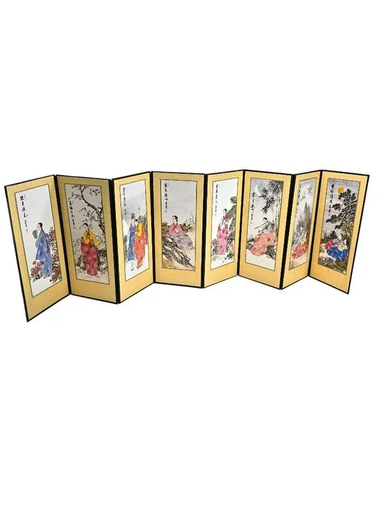 Vintage Asian Folding Screen With Traditional Art Panels & Calligraphy je177