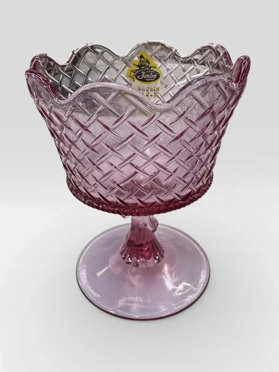 Fenton Pink Basket Weave Ribbon Bow Pedestal Compote Dish Original Sticker NEW