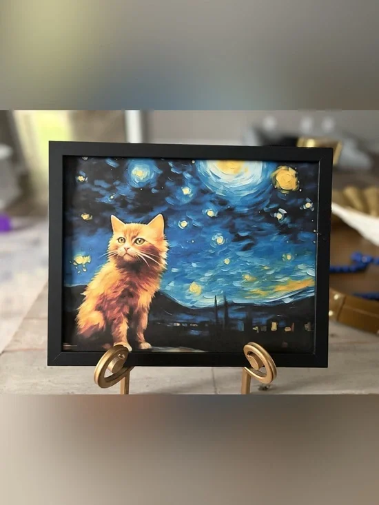 Framed Orange Cat Starry Night Wall 8x10 Art Print