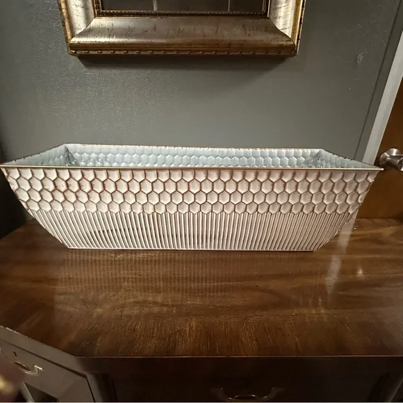 Rectangular White Gold Metal Planter with Honeycomb Design 31”L x 9.5”H x 9.5”D