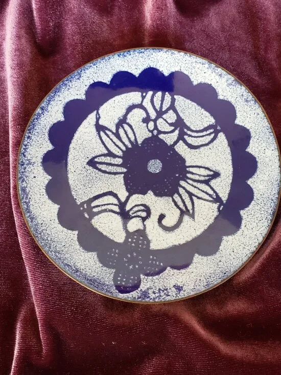 👀👀 Flow Blue Heavy Enamel Copper Trinket Floral Dish Plate 👀👀👀