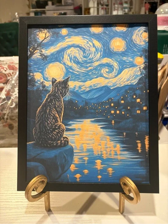 Framed 8x10” Cat Starry Night Print