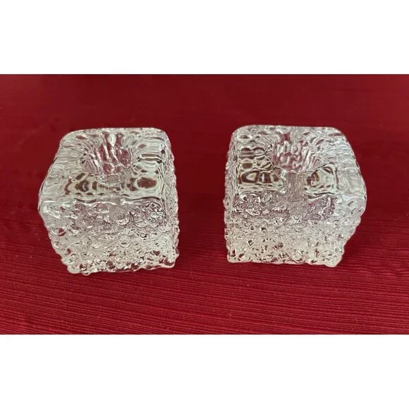Iittala or Ingrid Glass MCM Ice Block Candle Holders Pair Brutalist Texture