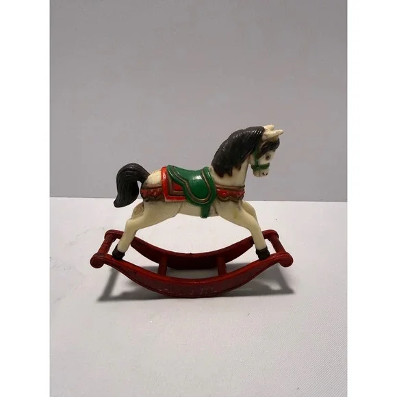 Vintage Hard Plastic Rocking Horse Figurine White Green Red Holiday Decor
