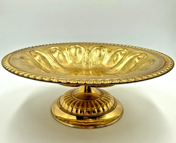 Vintage Solid Brass Pedestal Compote Bowl Rope Rim Fluted Hollywood Regency