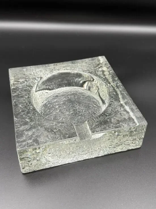 Vintage Scandinavian Clear Ice Block Glass Ashtray Mid Century Modern Brutalist