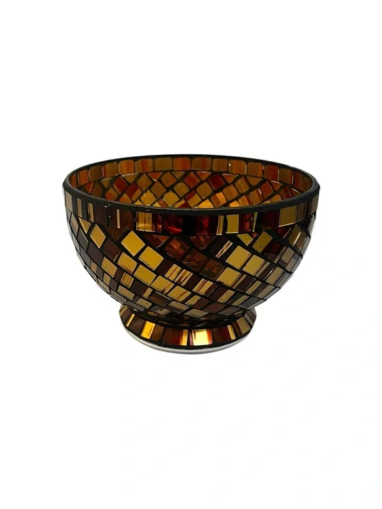Metallic Bronze Gold Mosaic Glass Bowl Pedestal Footed Decorative Centerpiece