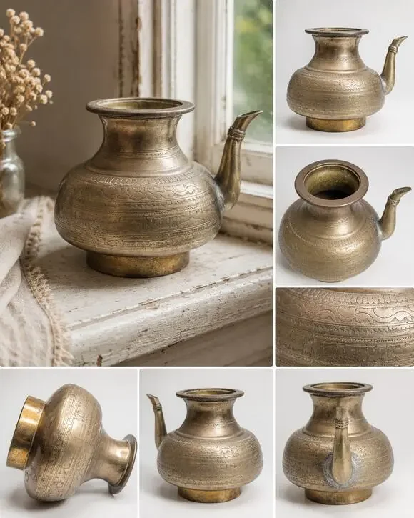 VINTAGE Copper Handmade Tea Pot Carved Design And Spout Kettle