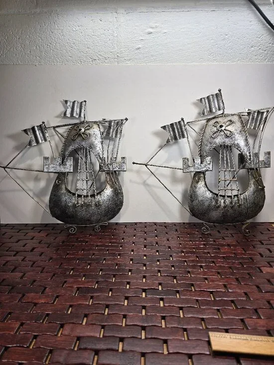 Set of 2 MCM 1960's Vintage Metal Brutalist Boats over 12