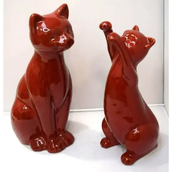 Mid Century Modern MCM Brick Red Ceramic Cats Mom‎ 10 inch and Kitten 8 Inch