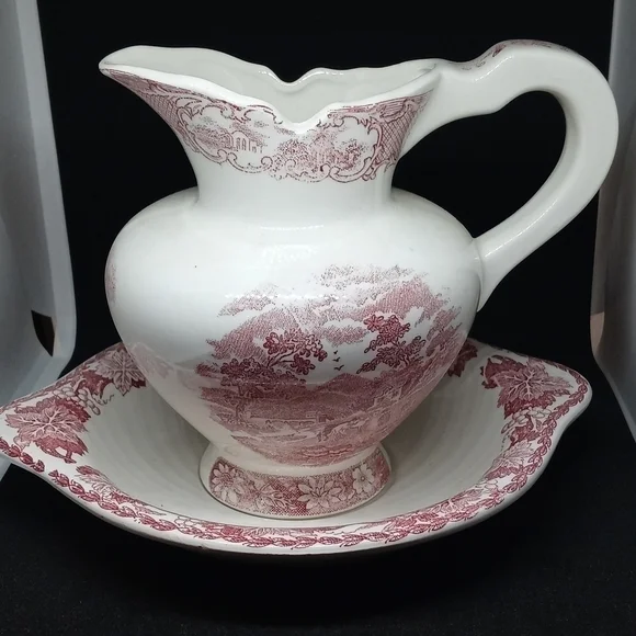 Vintage Art Mark  Arco Red Japan Pastoral Scene Mini Pitcher And Plate