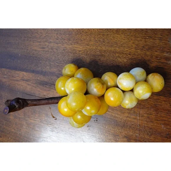 Vintage Yellow Alabaster Stone Grape Cluster Wood Stem Mid Century Modern Decor