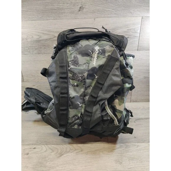 Outdoor Products Backpack Camouflage Black With Green, Multi Pockets.