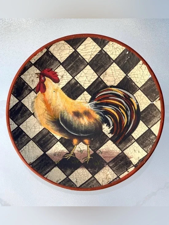 Farmhouse Rooster Checkerboard Ceramic Hand Painted Decorative Plate